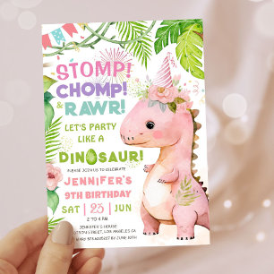 Invitation Filles Dinosaur 9e fête d'anniversaire mignonne Pi