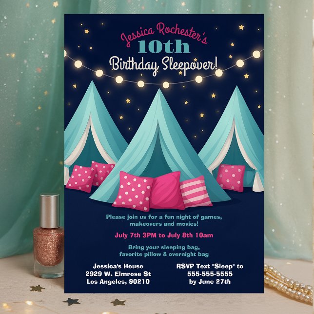 Invitation Filles Dormir Dernier Anniversaire Tentes Fête Écl (Créateur téléchargé)