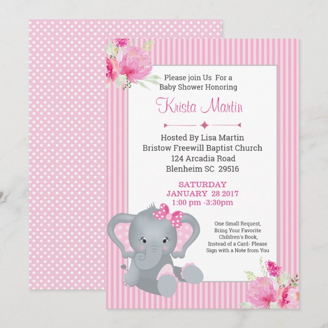 Invitation Filles Eléphant Floral Apportez un Baby shower de  (Devant / Derrière)