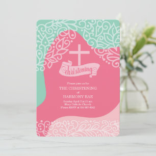 Invitation Filles en rose et vert de mer avec baptême croisé