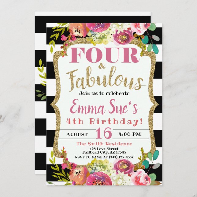 Invitation Fille's Fall Floral Four & Fabuleux 4e anniversair (Devant / Derrière)