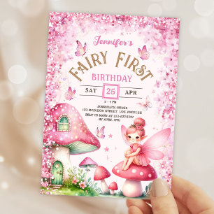 Invitation Filles Fée Premier anniversaire Pink Enchanted For