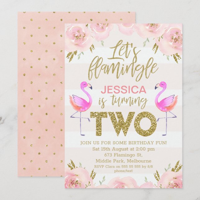 Invitation Filles flamingo florale 2ème anniversaire invitati (Devant / Derrière)