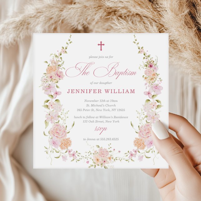 Invitation Filles Fleur sauvage Aquarelle Baptême (Créateur téléchargé)