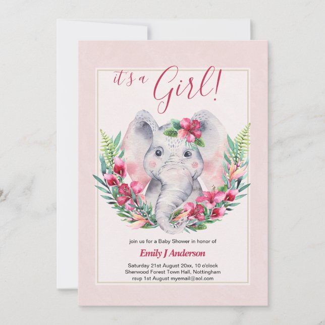 Invitation FILLES Fleurs d'éléphants Baby shower RÉVÉLATION S (Devant)