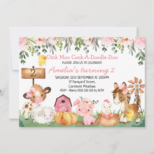 Invitation Filles Floral Farmyard Scène Anniversaire (Devant)