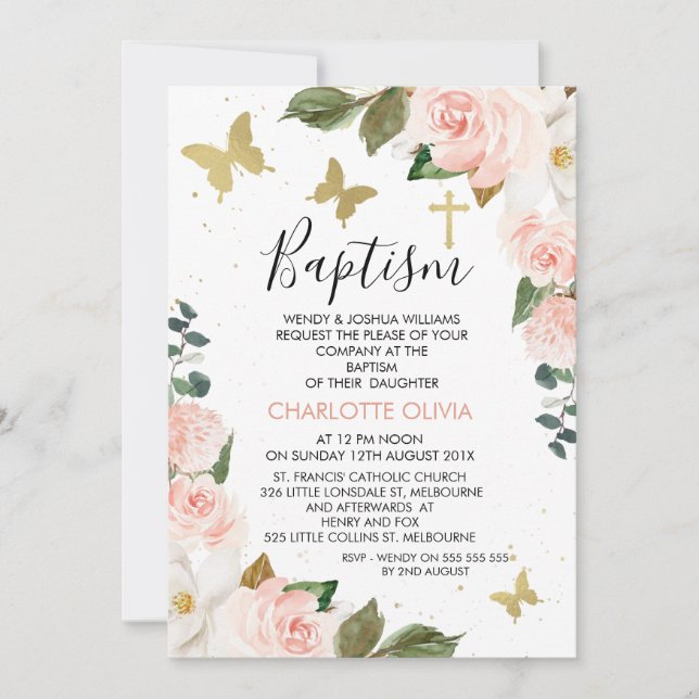 Invitation Filles Floral Rose Et Papillons D'Or Baptême (Devant)
