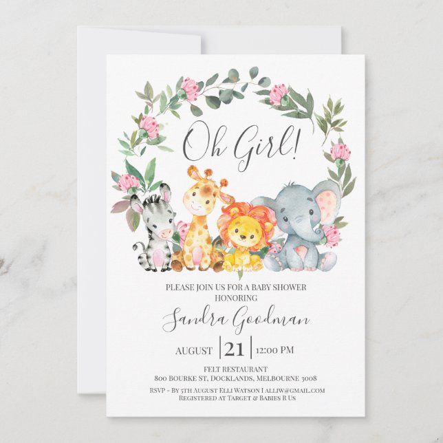 Invitation Filles Floral Wreath Safari Animaux Baby shower (Devant)