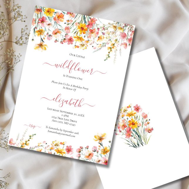 Invitation Filles Florales Jaunes fleurs sauvages 1er anniver (Pink Yellow wildflowers 1st Birthday party for baby girl invitation. Printed or Digital Download)