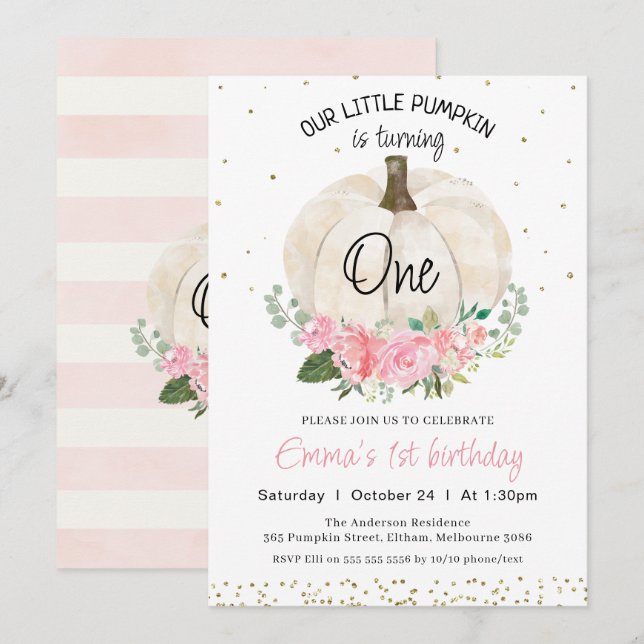 Invitation Filles florales rose Citrouille blanche 1er annive (Devant / Derrière)