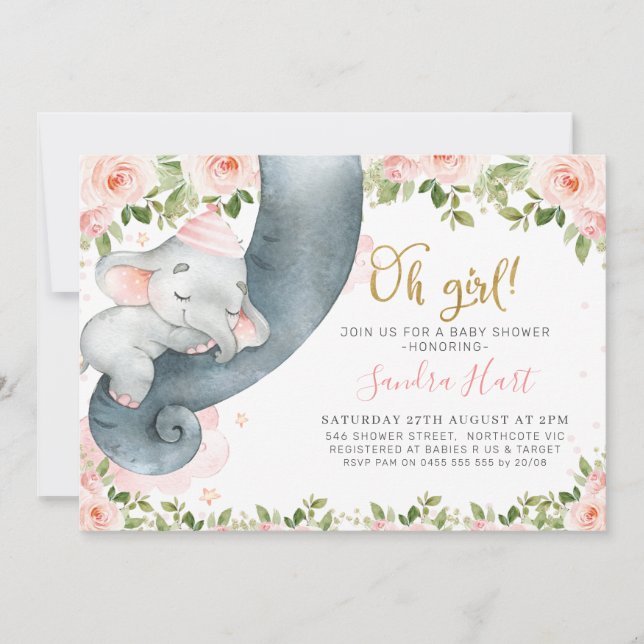 Invitation Filles florales roses Baby shower de tronc éléphan (Devant)