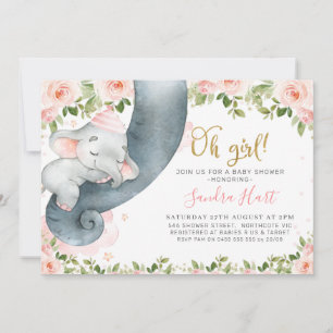 Invitation Filles florales roses Baby shower de tronc éléphan