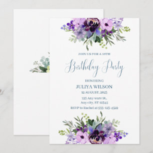 Invitation Filles florales violettes et vertes fête d'anniver