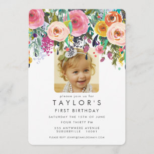 Invitation Filles florifères peintes 1er anniversaire Invitat