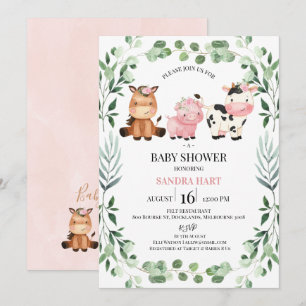 Invitation Filles Foliage Wreath Farm Animaux Baby shower