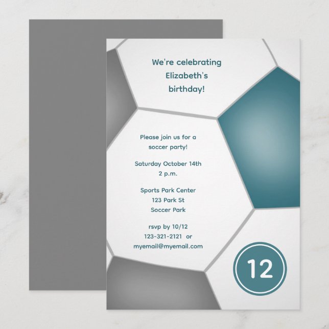 Invitation filles garçons sports turquoise gris soccer fête d (Devant / Derrière)