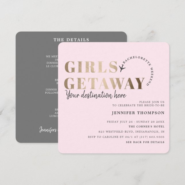 Invitation Filles Getaway Blush & Gold Bachelorette Week-end (Devant / Derrière)