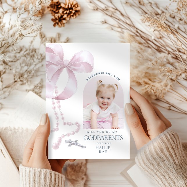 Invitation Filles Godparent Proposition, Pink Bow & Rosary Ca (Créateur téléchargé)