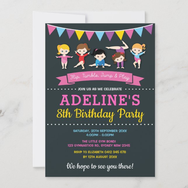 Invitation Filles Gymnastique Anniversaire Gym Party Pink Cha (Devant)