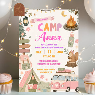 Invitation Filles Heureux Campeurs Rose Camping Anniversaire
