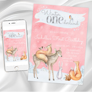 Invitation Filles Hiver ONEderland Fête d'anniversaire de 1 a
