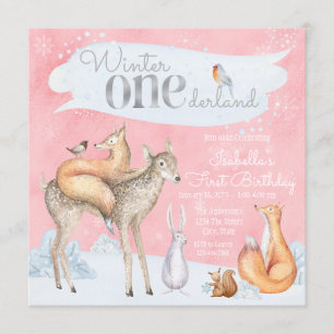 Invitation Filles hiver Onederland forêt premier anniversaire