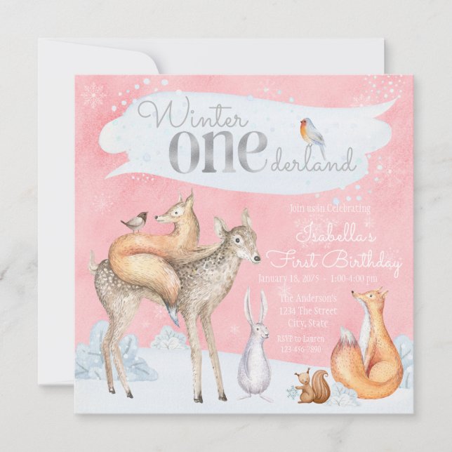 Invitation Filles Hiver Onederland Woodland Premier anniversa (Devant)
