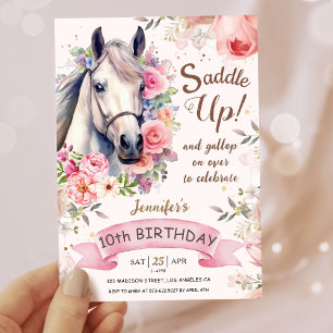 Invitation Filles Horse 10e anniversaire Fleurs en fleurs Sad