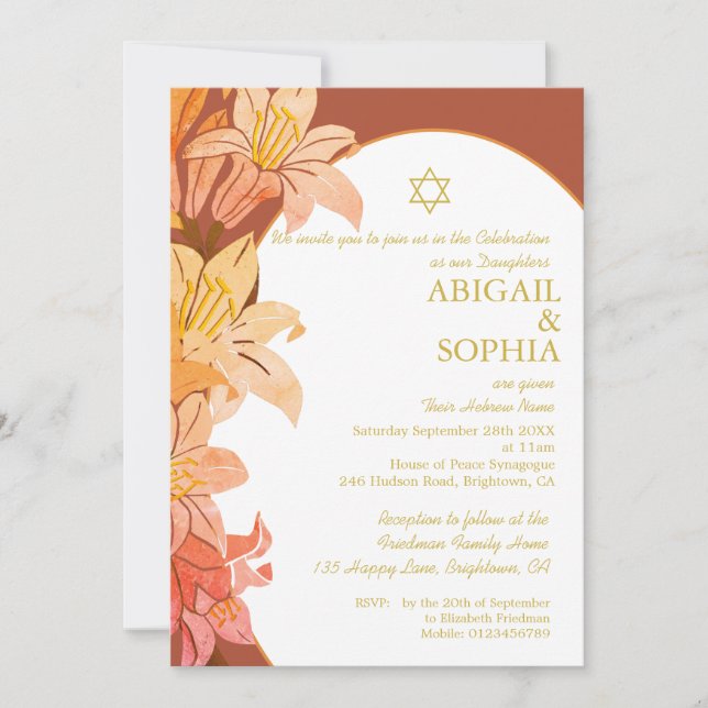 Invitation Filles Juives Twin Floral Naming Terracotta Hébreu (Devant)