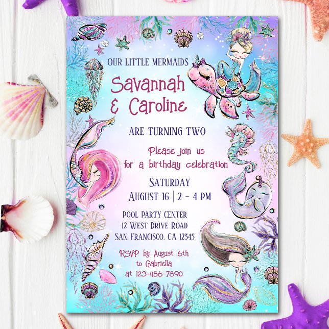 Invitation Filles jumelles de sirène Anniversaire sous la fêt (Créateur téléchargé)