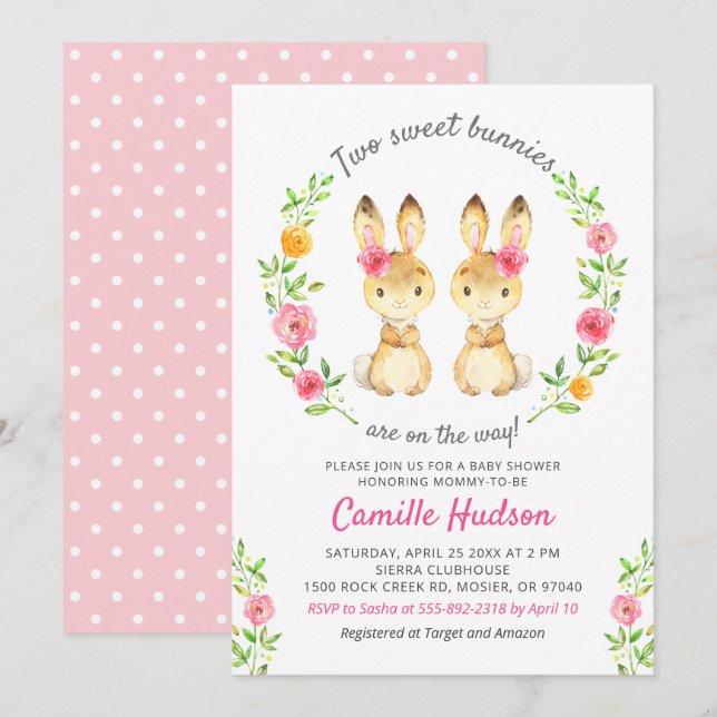 Invitation Filles jumelles lapin Baby shower rose floral saup (Devant / Derrière)