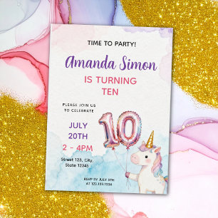 Invitation Filles Licorne Pastel Aquarelle 10e Anniversaire