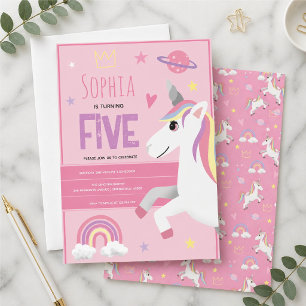 Invitation Filles Licorne Rose Mignonne Enfants 5ème Annivers