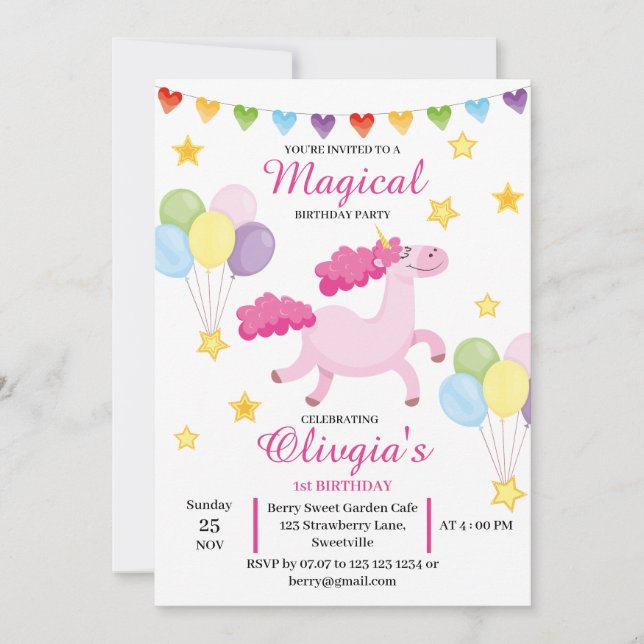 Invitation Filles Madical d'abord mignonne rose licorne Anniv (Devant)