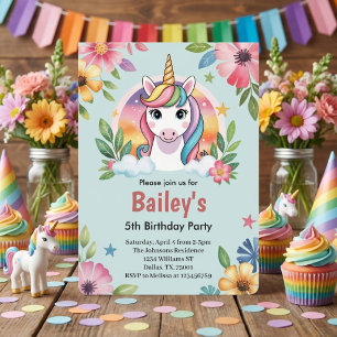 Invitation Filles Mignon Licorne Bleue Enfants Anniversaire