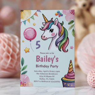 Invitation Filles Mignon Licorne Pastel Enfants 5ème Annivers