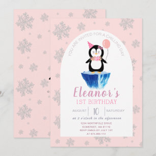 Invitation Filles mignonne Penguin hiver rose Anniversaire
