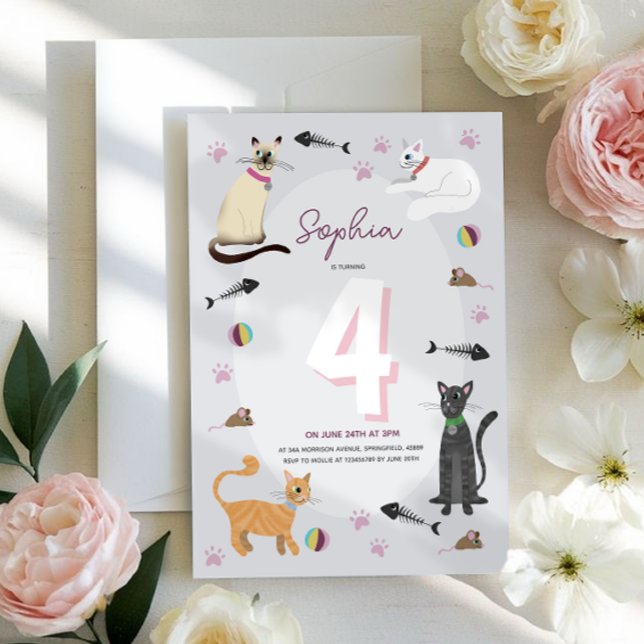 Invitation Filles mignonne rose Kitty Anniversaire de enfant  (Créateur téléchargé)