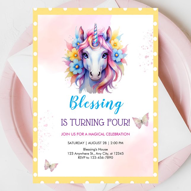 Invitation Filles mignonne rose licorne Enfants 4e anniversai (Créateur téléchargé)
