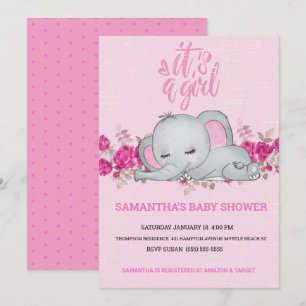 Invitation Filles mignonnes Bébé Eléphant Dormir Floral Rose