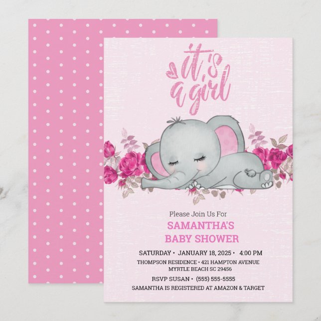 Invitation Filles mignonnes Bébé Eléphant Dormir Floral Rose (Devant / Derrière)