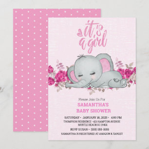 Invitation Filles mignonnes Bébé Eléphant Dormir Floral Rose