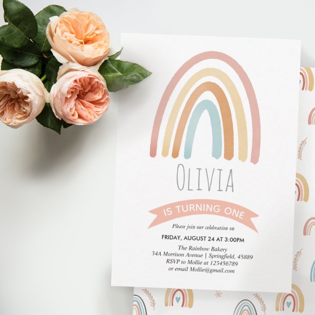 Invitation Filles mignonnes Boho rose Arc-en-ciel Premier ann (Créateur téléchargé)