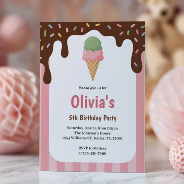 Invitation Filles mignonnes Crème glacée fête d'anniversaire (Créateur téléchargé)