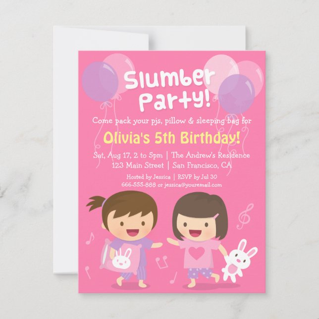 Invitation Filles mignonnes Dormir Fête d'Anniversaire Stwood (Devant)