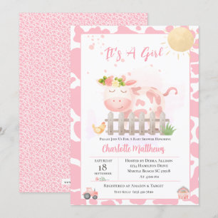 Invitation Filles mignonnes ferme Vache rose Baby shower Invi
