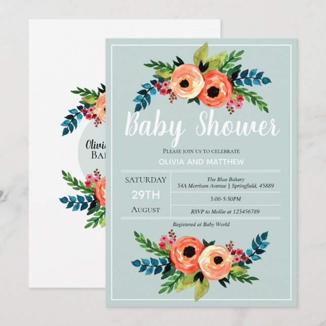 Invitation Filles mignonnes fleurs Baby shower de fleurs bota (Devant / Derrière)