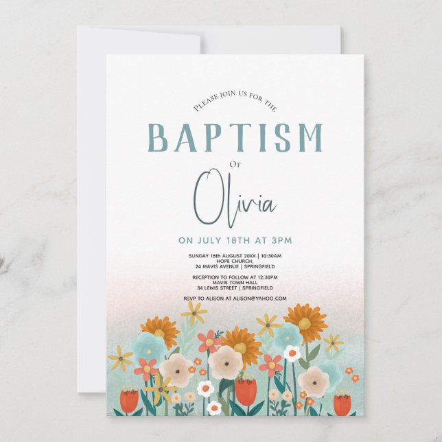 Invitation Filles mignonnes Floral Baptême Baptême Christenin (Devant)