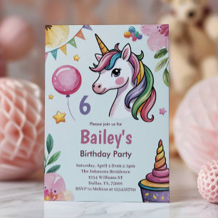 Invitation Filles Mignonnes Licorne Pastel Enfants 6ème Anniv