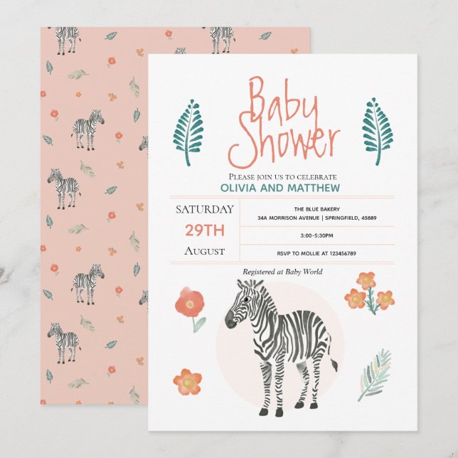 Invitation Filles mignonnes rose Zebra Safari Baby shower Jun (Devant / Derrière)